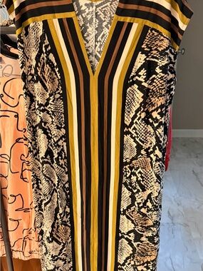 Striped V-Neck Maxi Dress in Black, Cream & Mustard